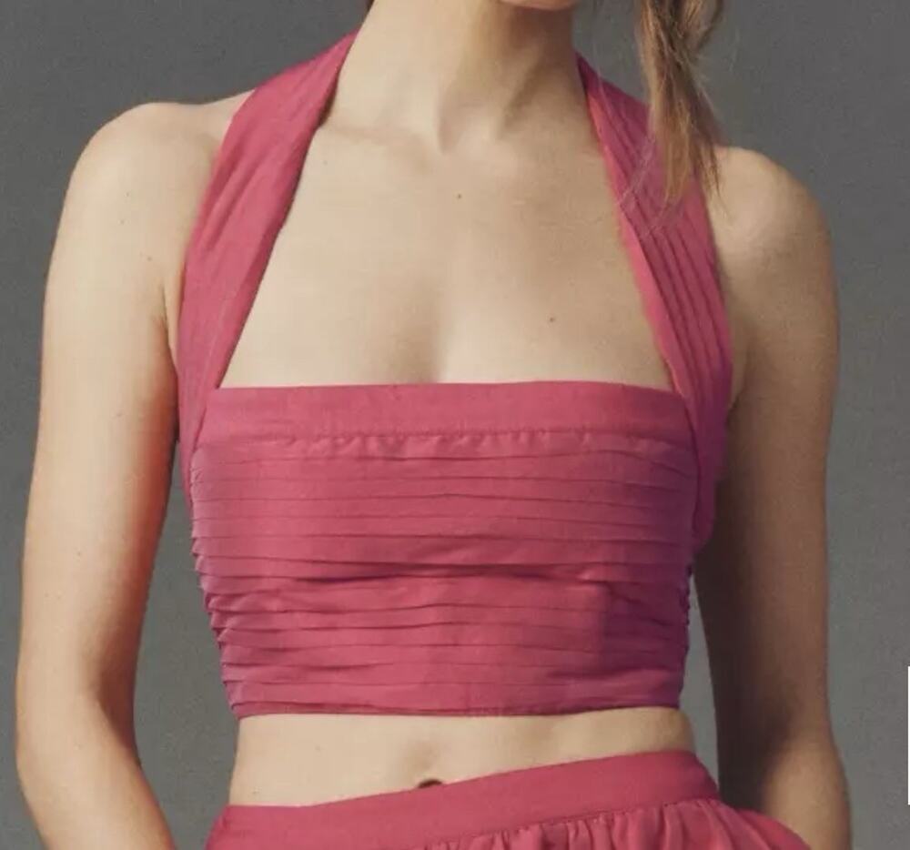 BHLDN Georgia Halter Top Size M Pink Raspberry Sorbet Pleated Cropped Formal NWT